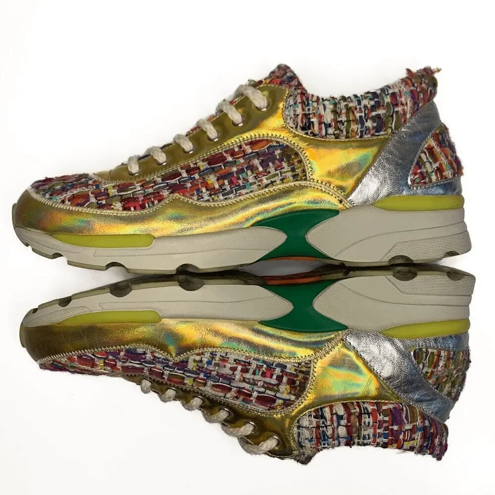 Chanel CC Logo Tweed Rainbow Metallic Gold Multi Sneakers EU 36.5 Lace Up Shoes